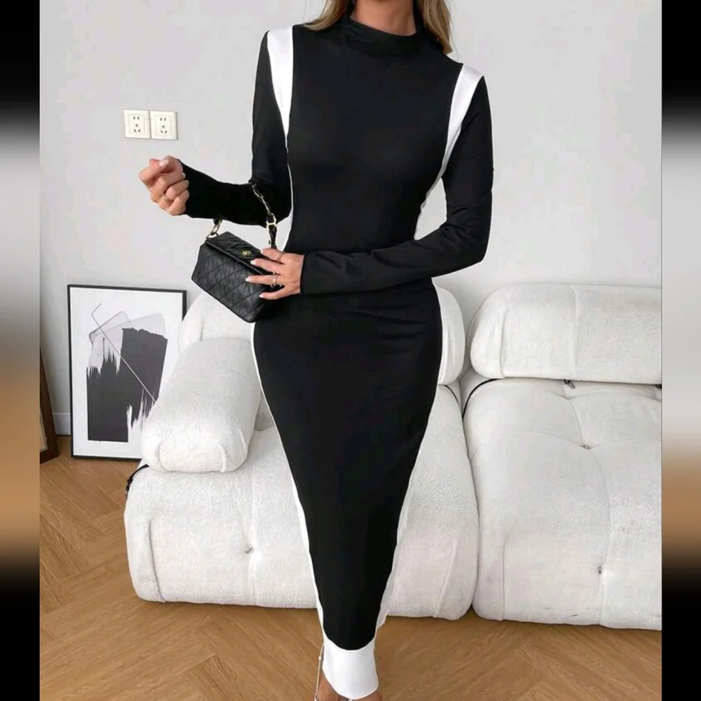 Women's Elegant Casual Black & White Splice Long Sleeve Mid-Length Dress - Picture 3 of 4
